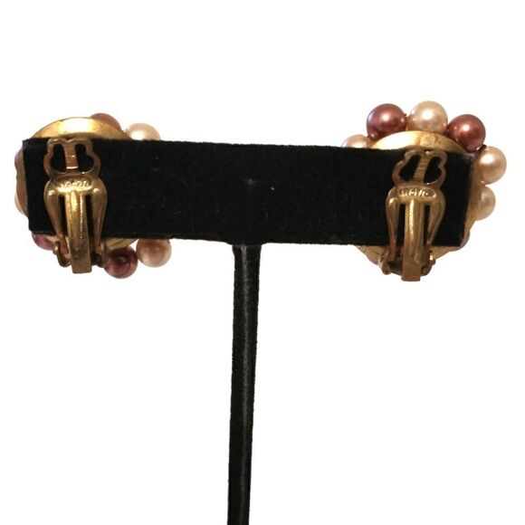 Faux Pearl Cluster Earrings Beaded AB Crystals Clip On Japan MCM Purple Pinks - Picture 6 of 16